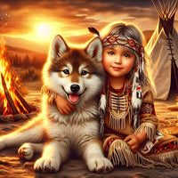 Indian Child w/Brown Wolf Pup Diamond Painting