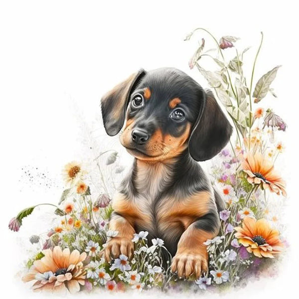 Dachshund Sitting in Flowers Diamond Painting