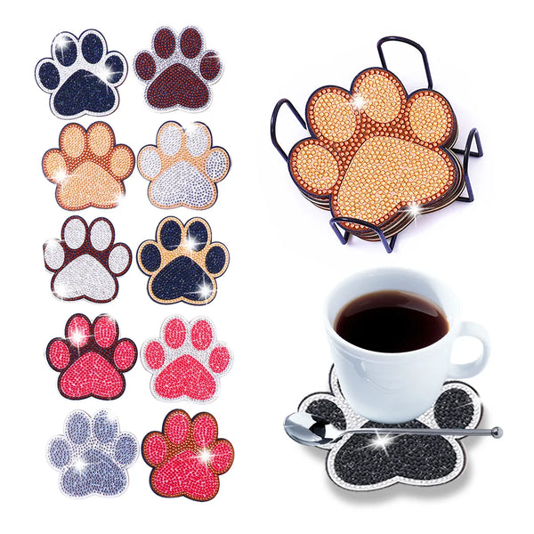 Paw Print Diamond Painting Coaster Set w/Rack