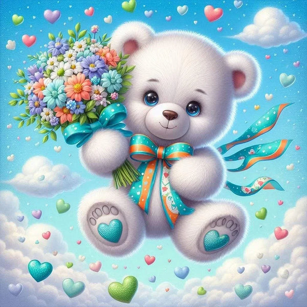 White Bear with Flowers Diamond Painting