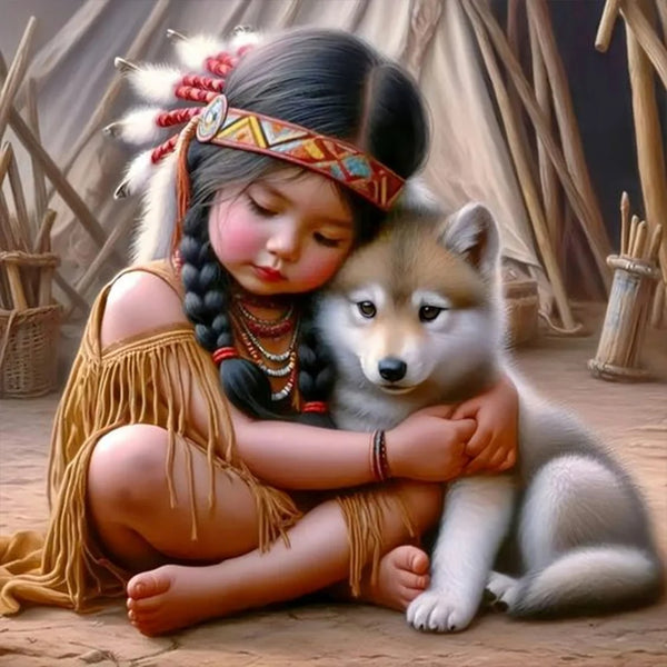 Indian Child w/Wolf Pup Diamond Painting