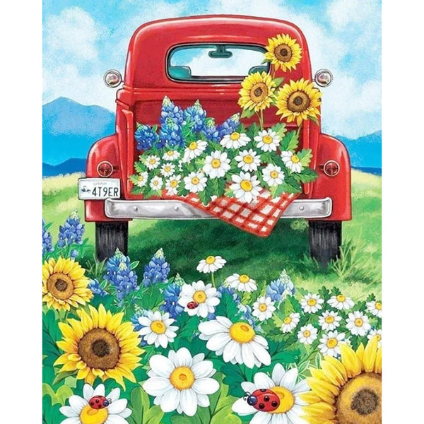 Spring Truck and Flowers Diamond Painting